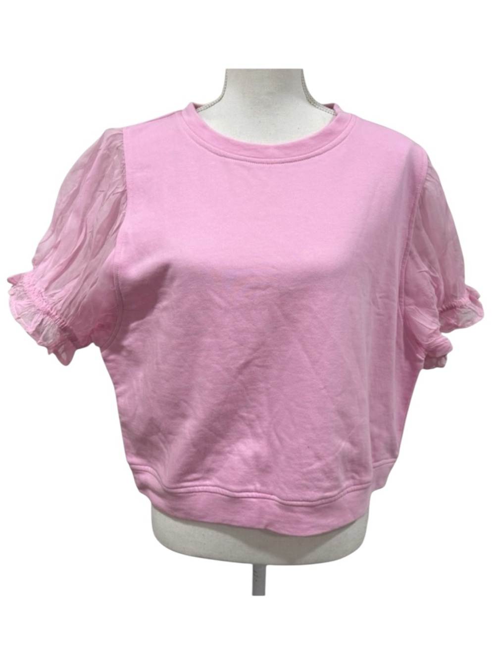 NWT THML Pink Cropped Lightweight Sweatshirt Tulle Puff Sleeve Top